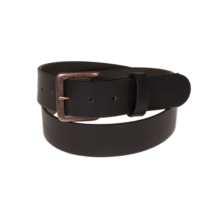 Black leather belt with a bronze buckle on a white background