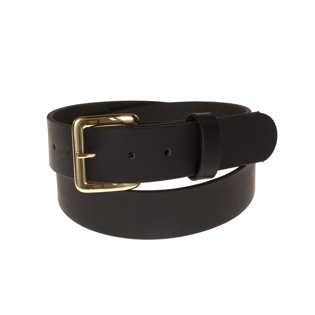 Black leather belt with a gold buckle on a white background