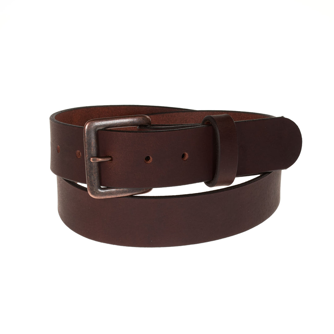 Brown leather belt with a silver buckle on a white background