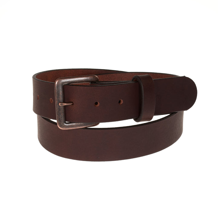 Brown leather belt with a silver buckle on a white background