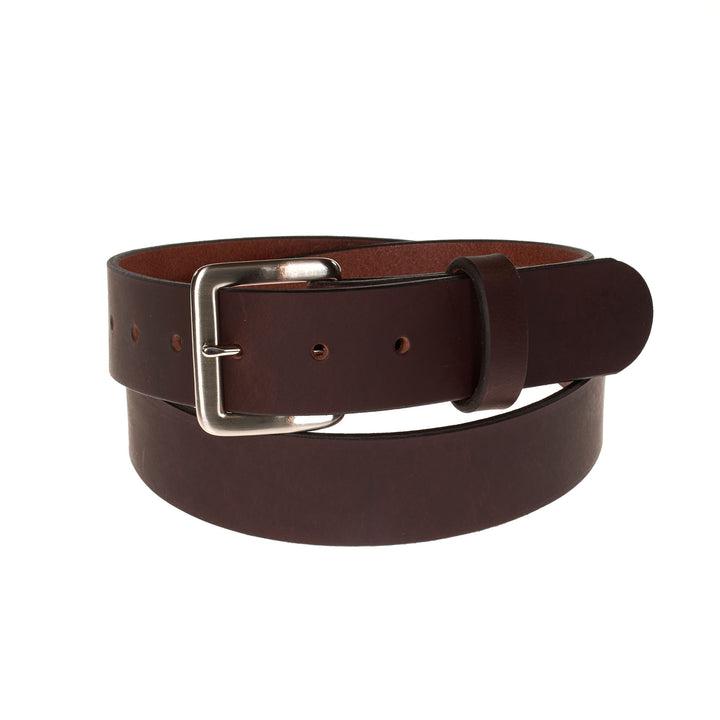 Brown leather belt with a silver buckle on a white background