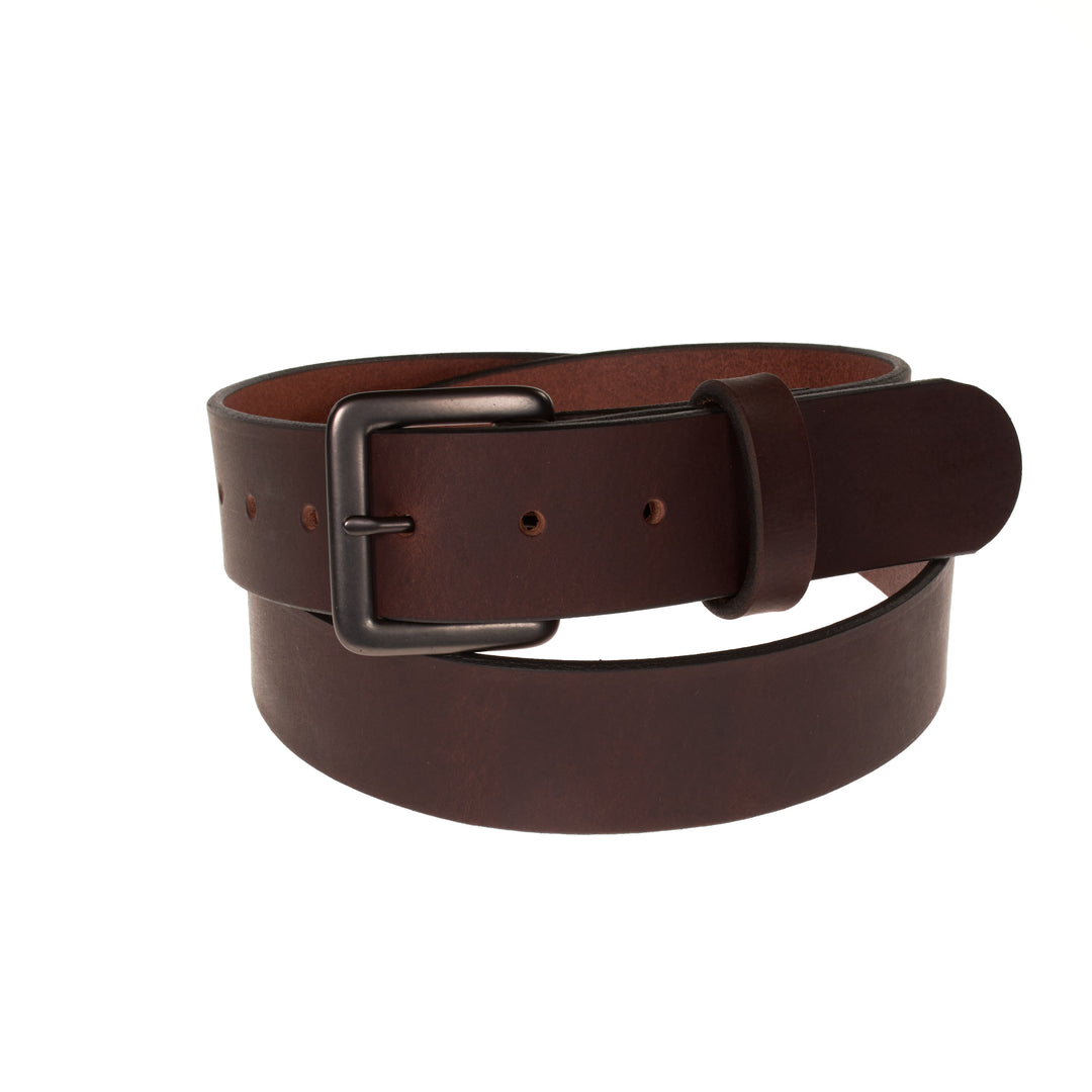 Brown leather belt with a silver buckle on a white background