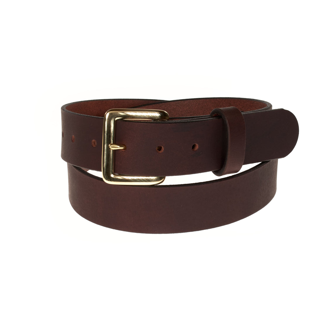 Brown leather belt with a gold buckle on a white background