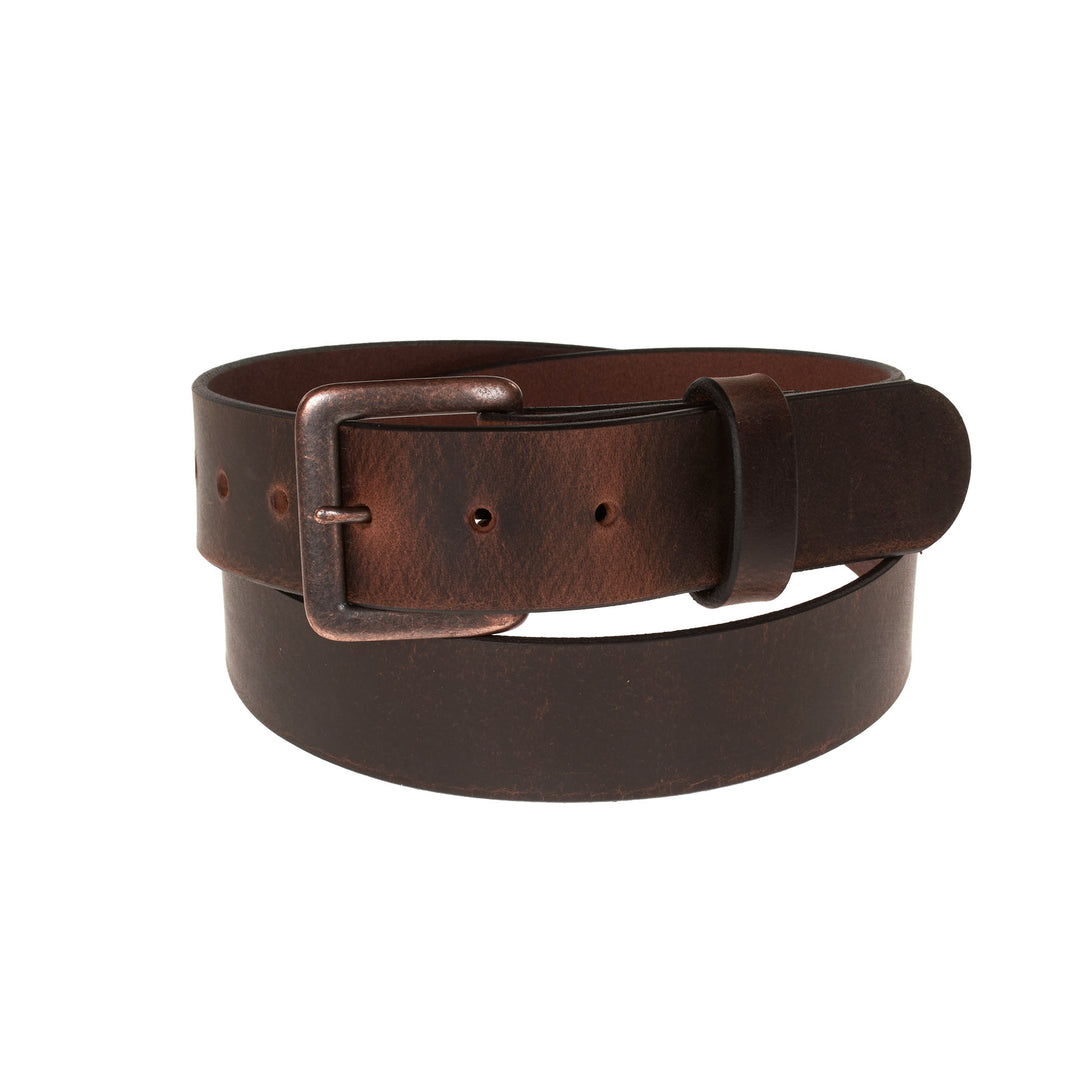 Brown leather belt with a metal buckle on a white background
