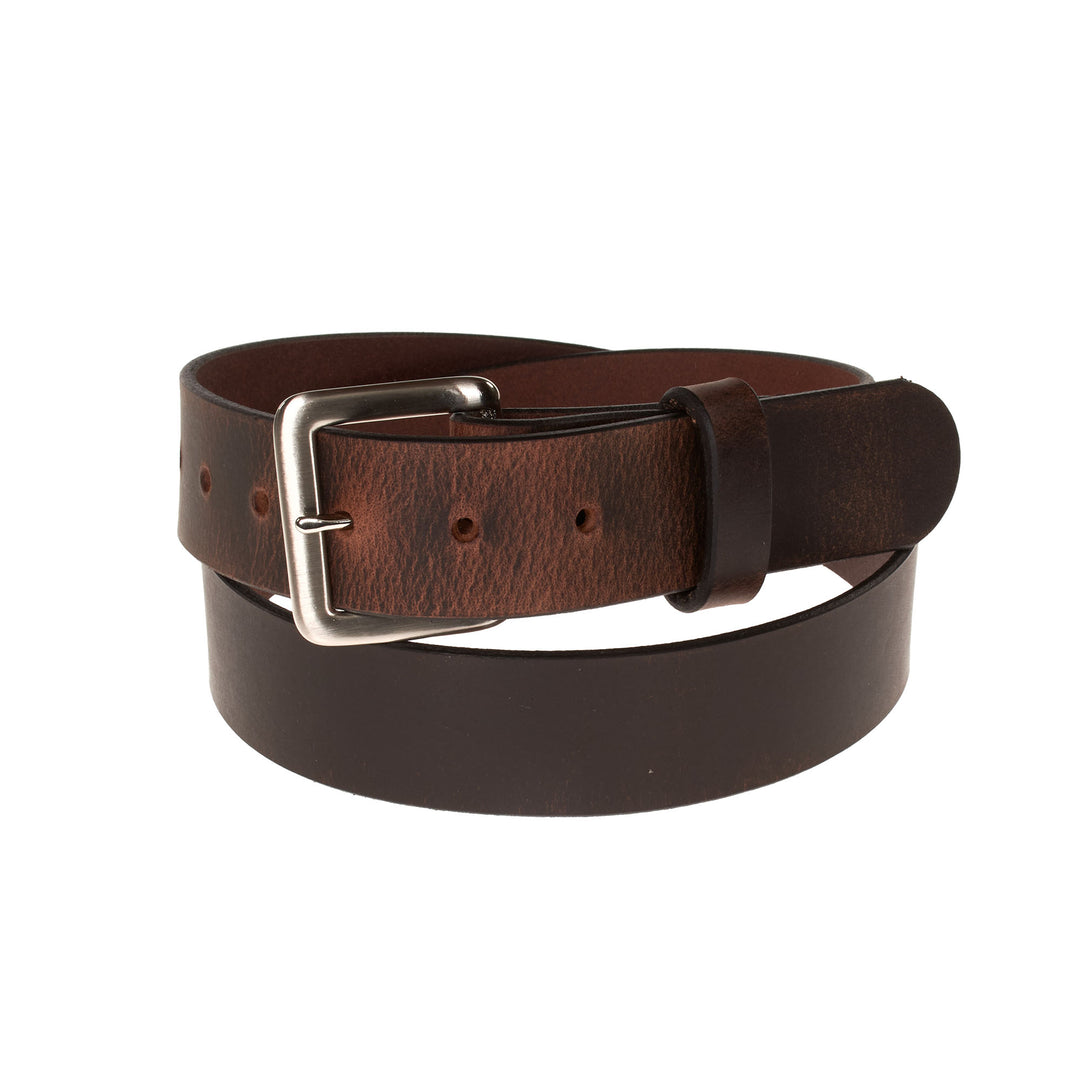 Brown leather belt with a silver buckle on a white background