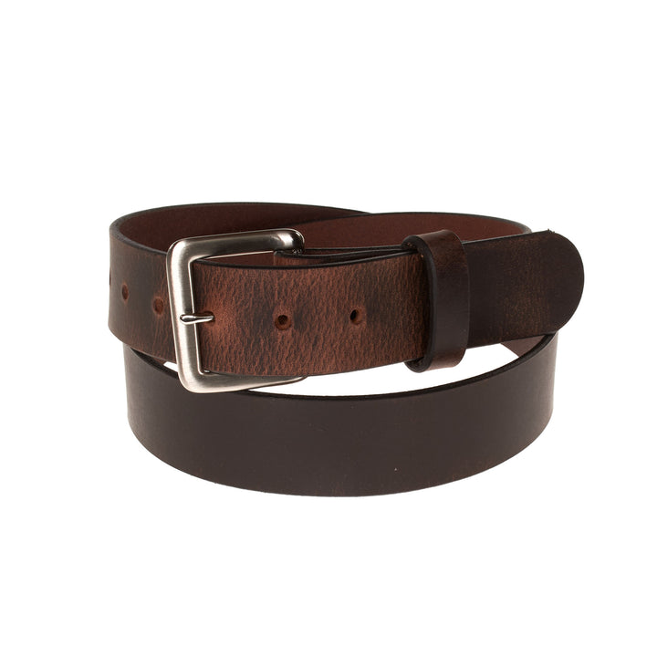 Brown leather belt with a silver buckle on a white background