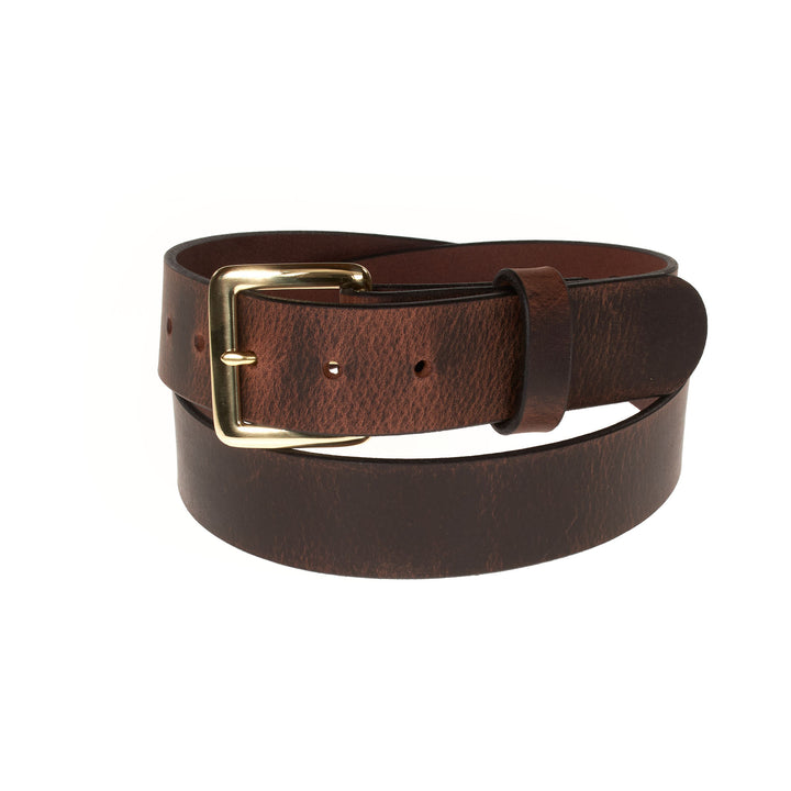 Brown leather belt with a gold buckle on a white background