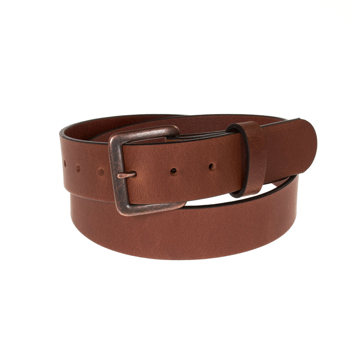 Brown leather belt with a metal buckle on a white background