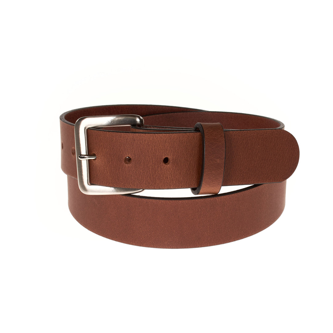 Brown leather belt with a silver buckle on a white background