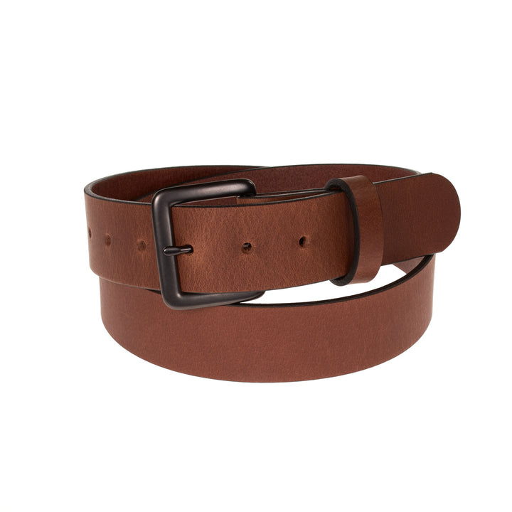 Brown leather belt with a black buckle on a white background