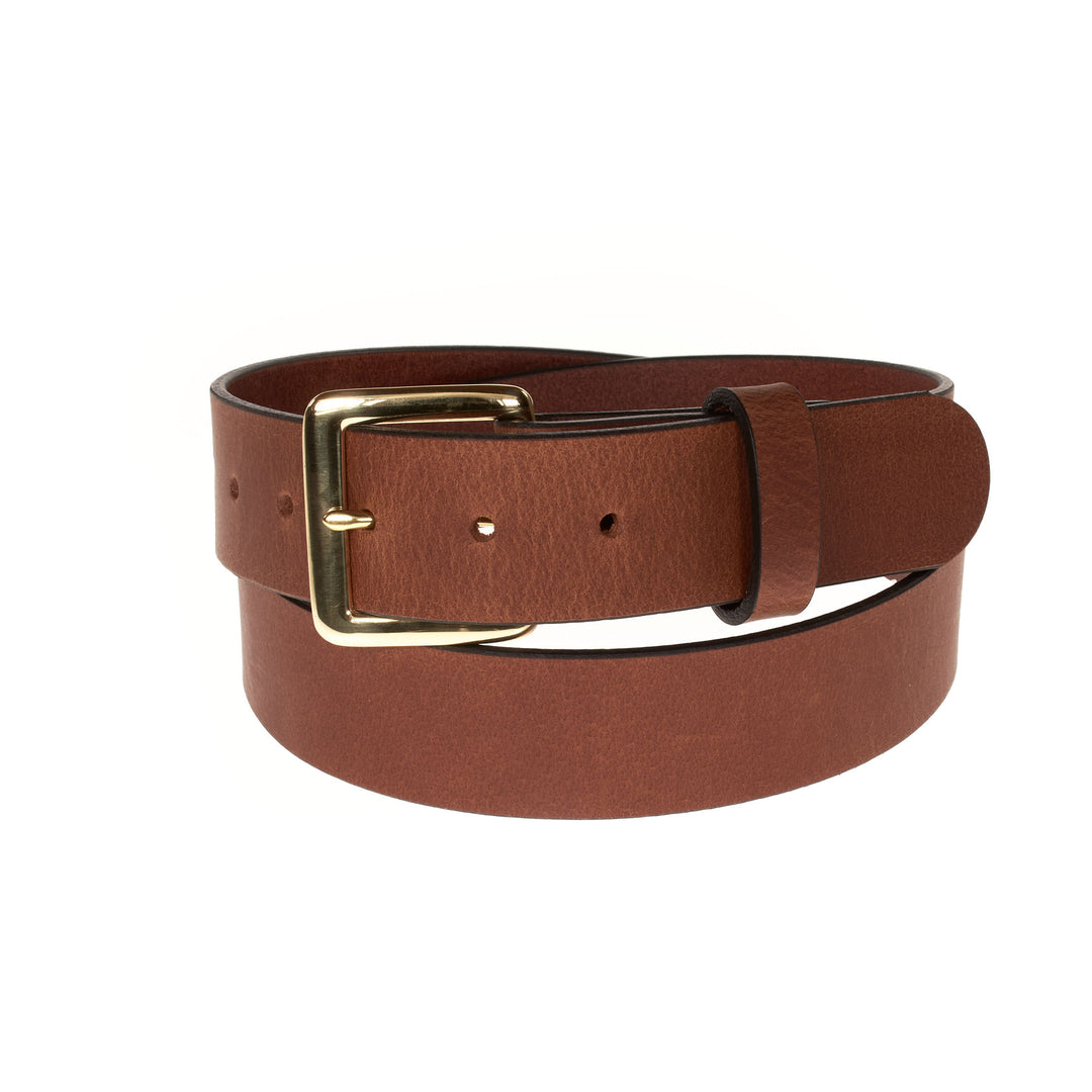 Brown leather belt with a gold buckle on a white background