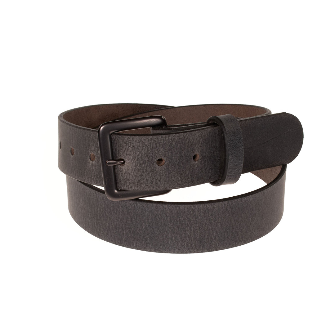 Brown leather belt with a dark brown buckle on a white background
