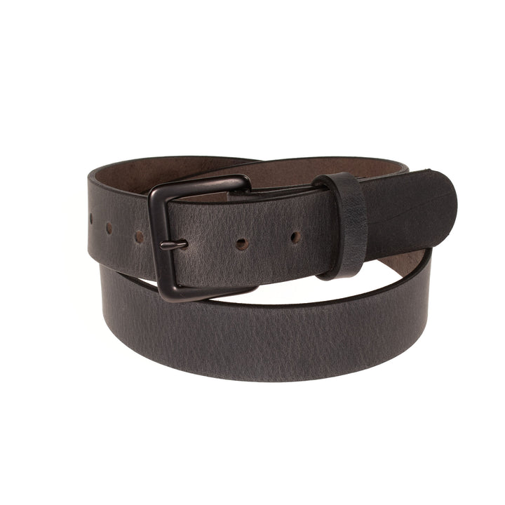 Brown leather belt with a dark brown buckle on a white background