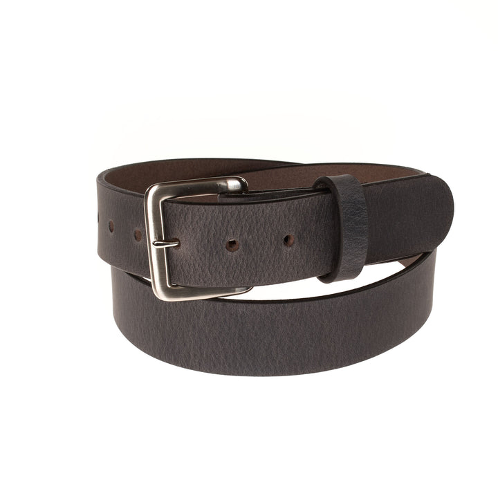 Brown leather belt with a silver buckle on a white background