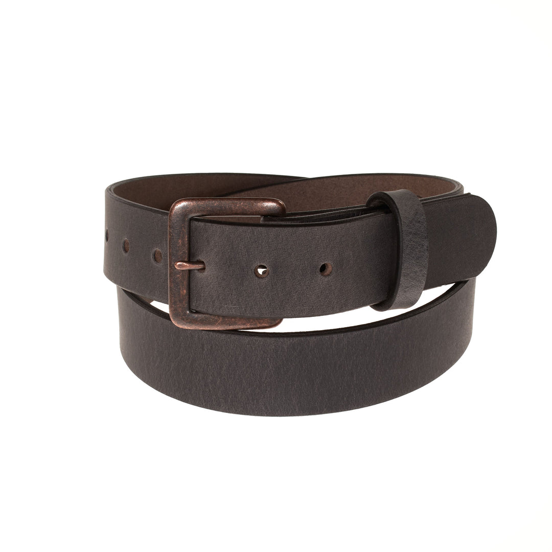 Brown leather belt with a bronze buckle on a white background