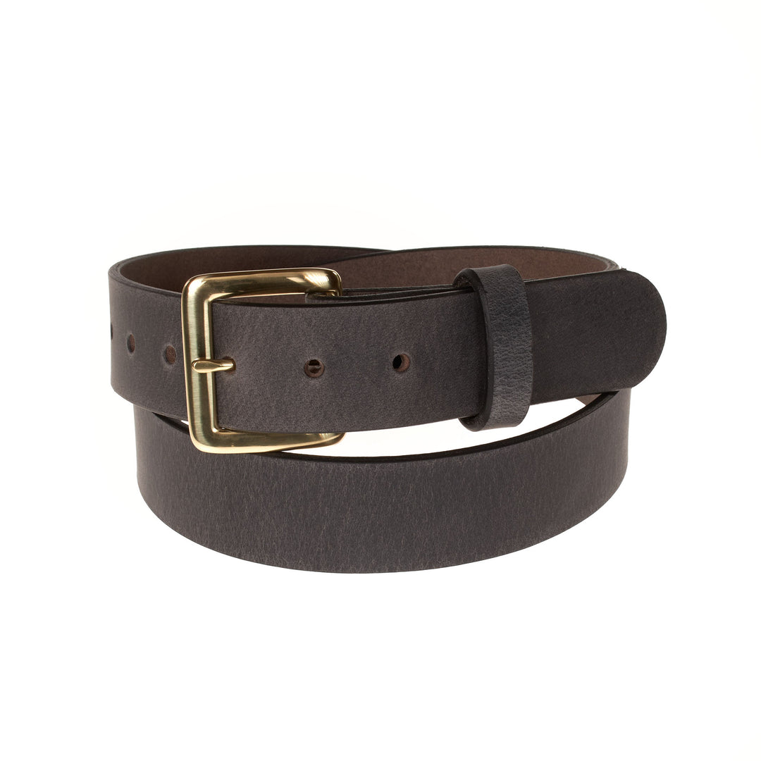 Brown leather belt with a gold buckle on a white background