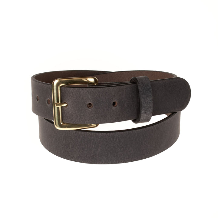 Brown leather belt with a gold buckle on a white background