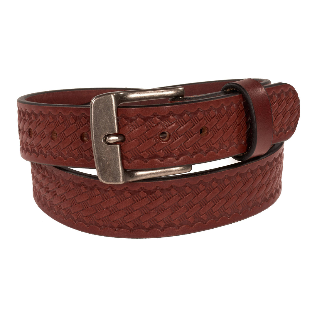 Brown leather belt with a textured pattern and silver buckle on a white background