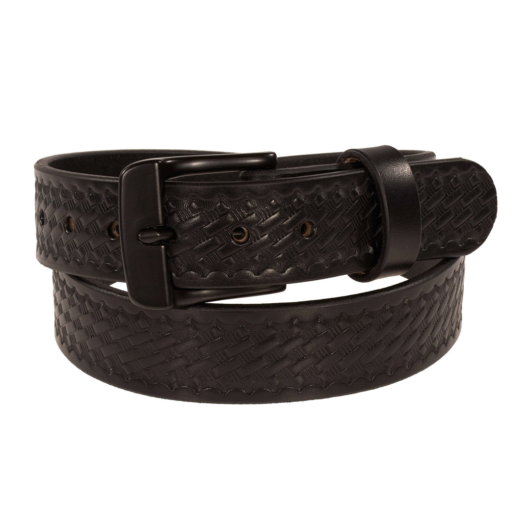Black textured leather belt on a white background