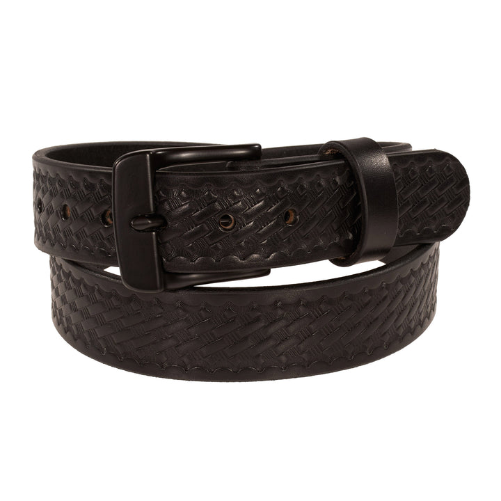 Black textured leather belt on a white background