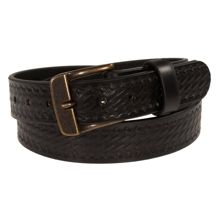 Black basketweave leather belt with a bronze buckle on a white background
