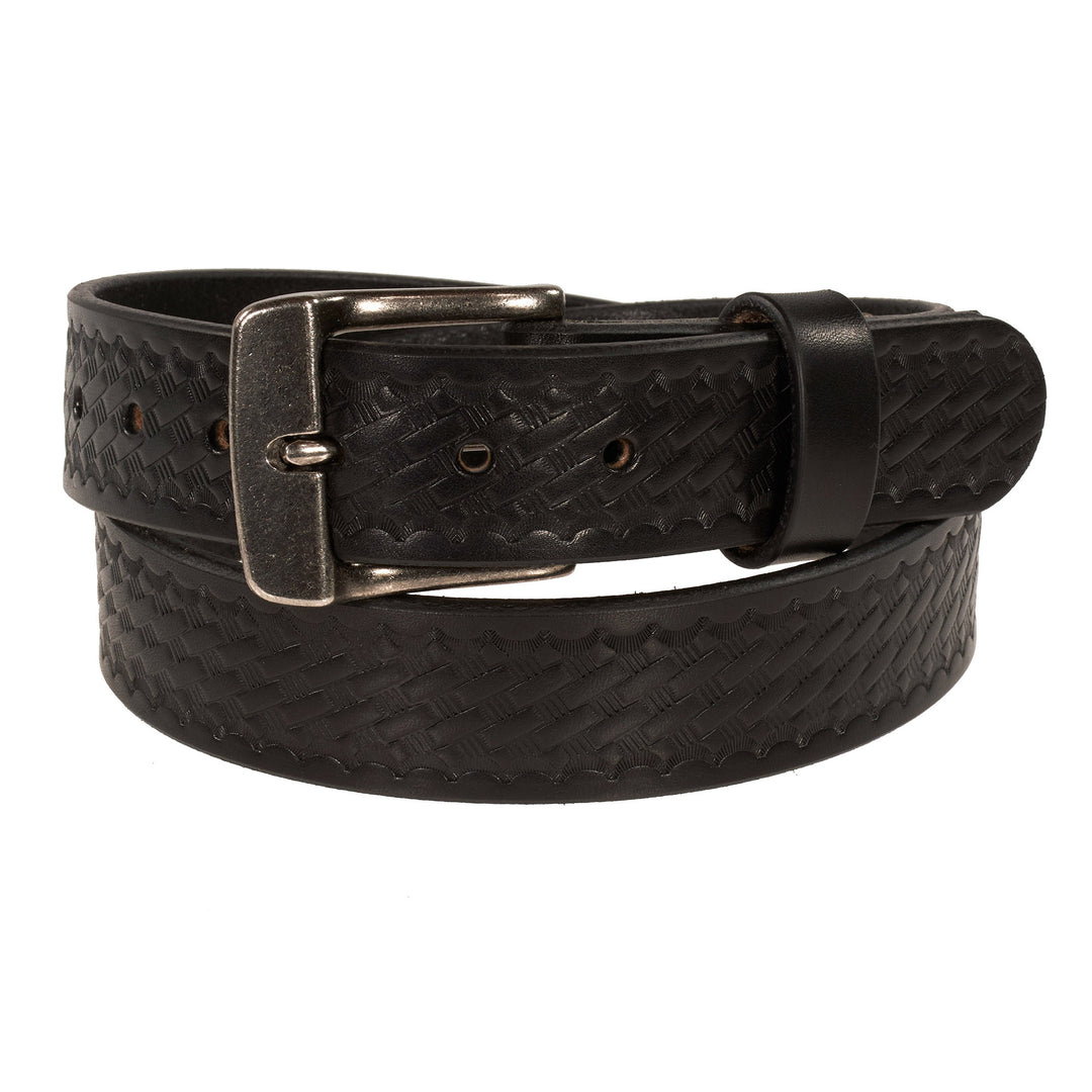 Black Basketweave leather belt with a silver buckle on a white background