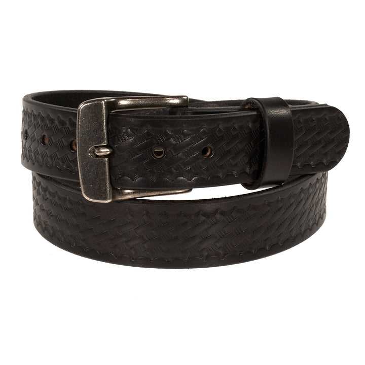 Black Basketweave leather belt with a silver buckle on a white background