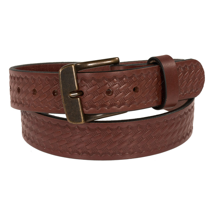 Brown leather belt with a textured pattern and brass buckle on a white background