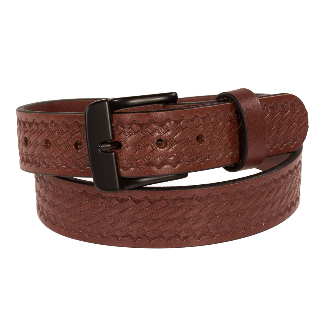 Brown leather belt with a black buckle on a white background