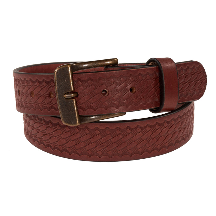Brown leather belt with a textured pattern and brass buckle on a white background