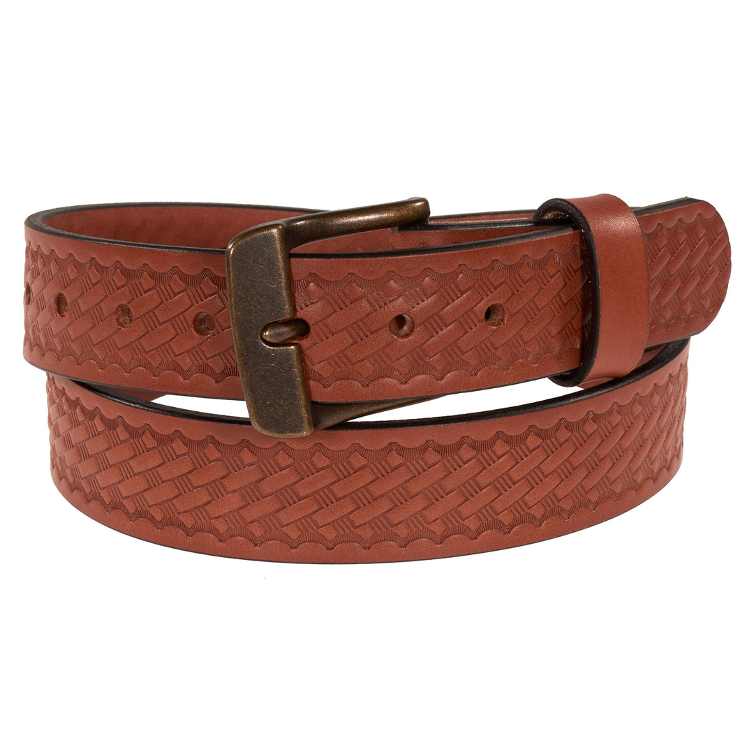 Brown leather belt with embossed pattern and bronze buckle on a white background