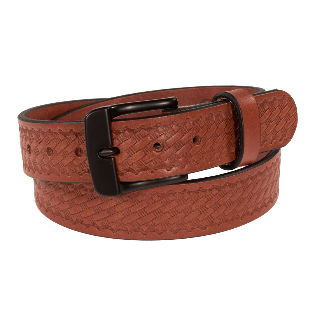 Brown leather belt with a black buckle on a white background