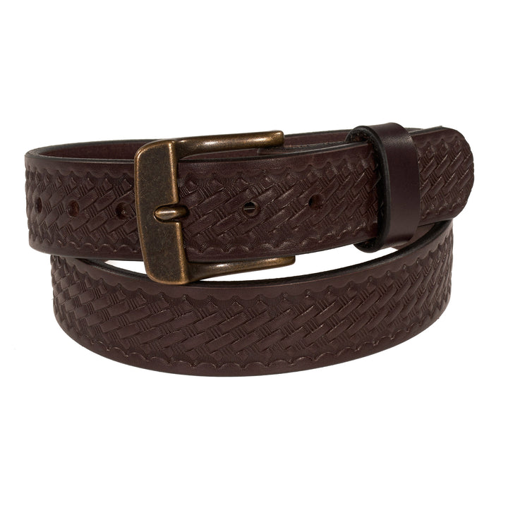 Brown textured belt with a brass buckle on a white background