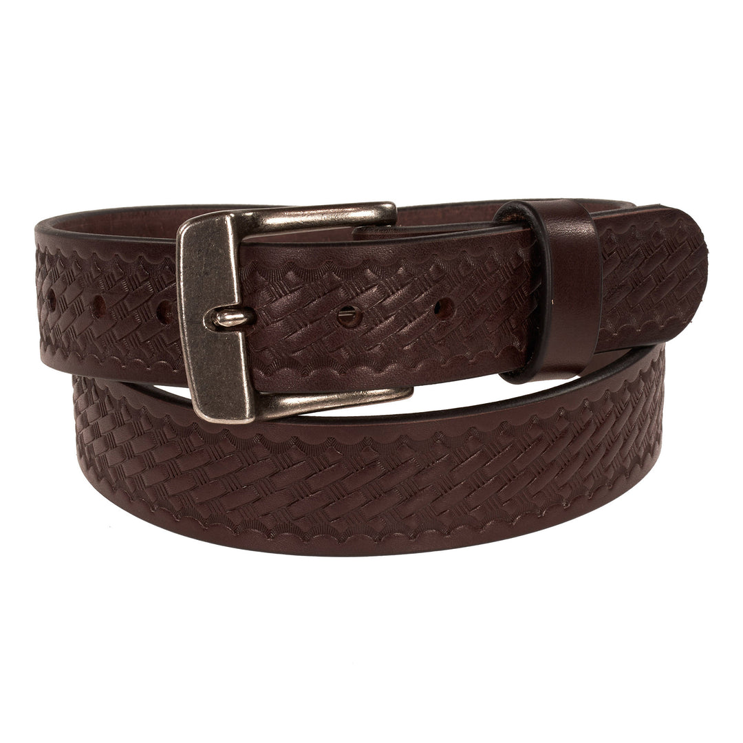 Brown leather belt with a silver buckle on a white background