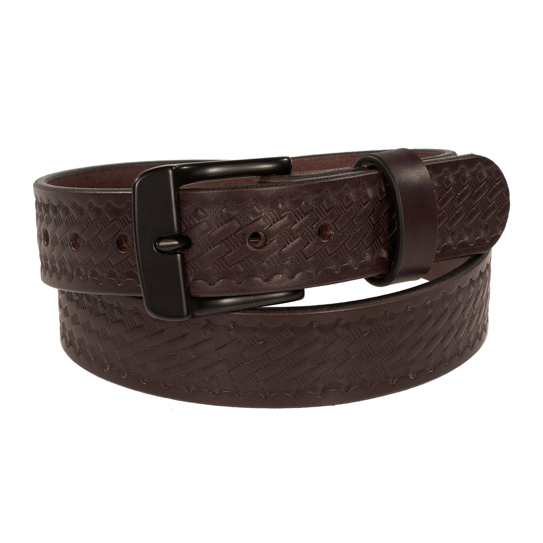 Brown basketweave leather belt with a black buckle on a white background