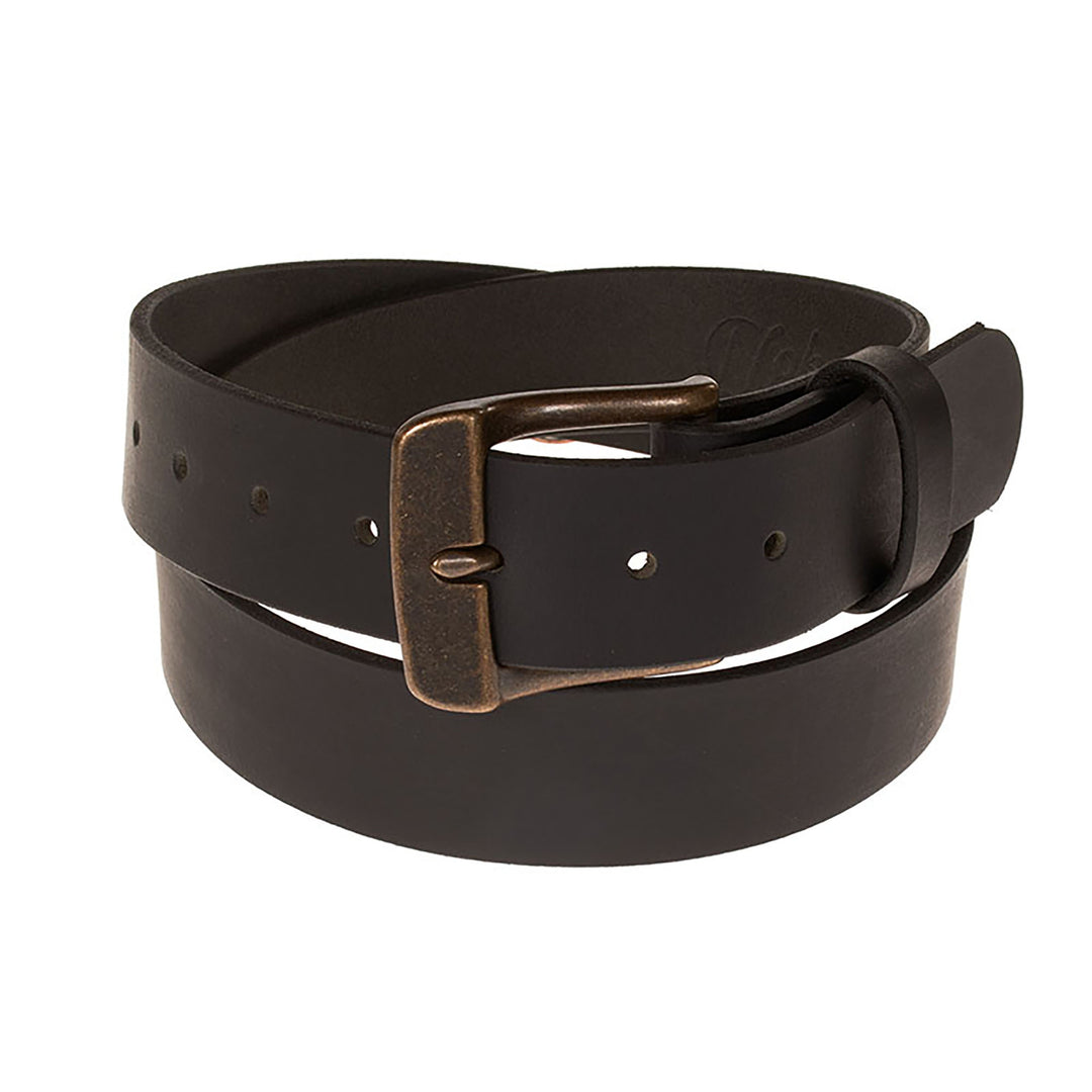 Brown leather belt with a bronze buckle on a white background