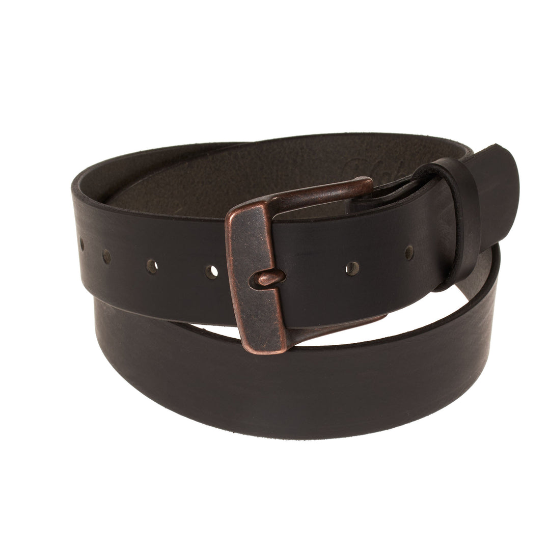 Brown leather belt with a bronze buckle on a white background