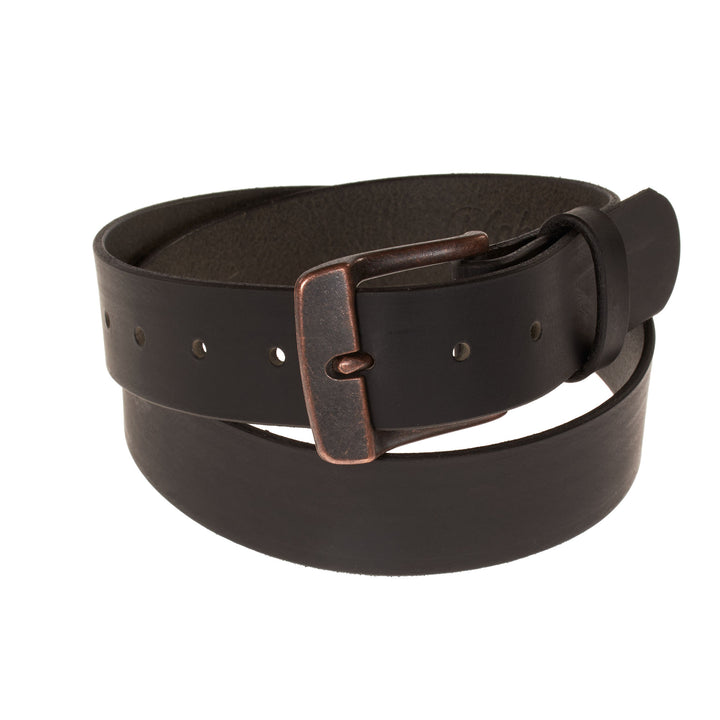 Brown leather belt with a bronze buckle on a white background
