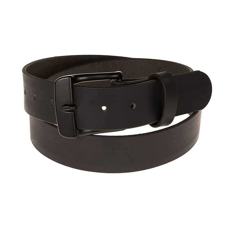 Black leather belt with a black buckle on a white background