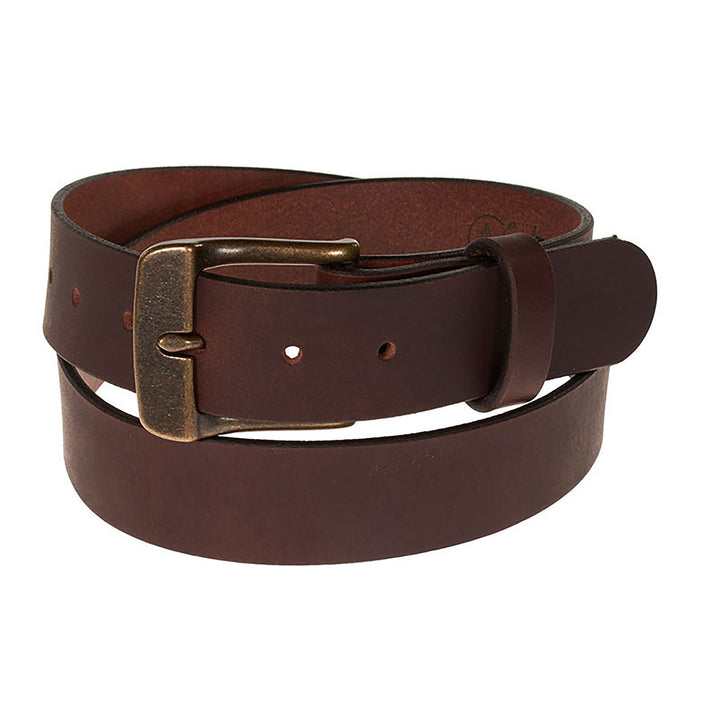 Brown leather belt with brass buckle on a white background
