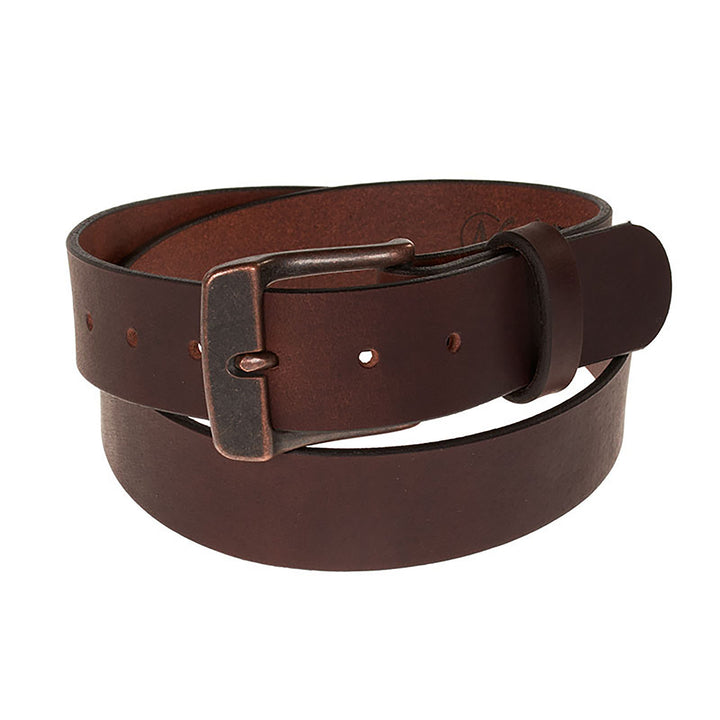 Brown leather belt with a buckle on a white background