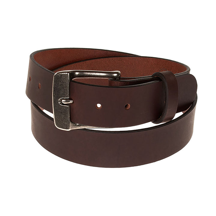 Brown leather belt with a silver buckle on a white background