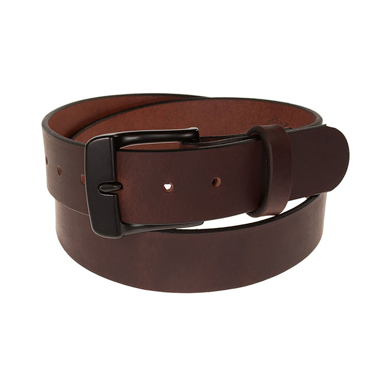 Brown leather belt with a black buckle on a white background