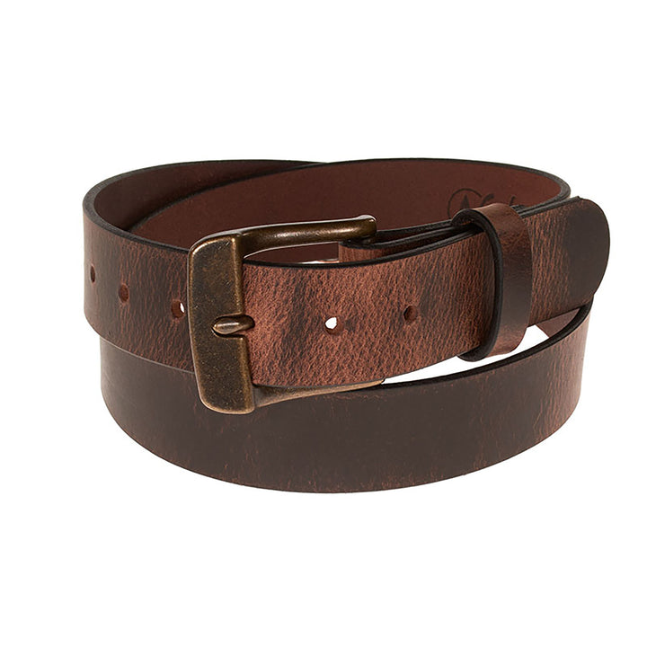 Brown leather belt with a brass buckle on a white background