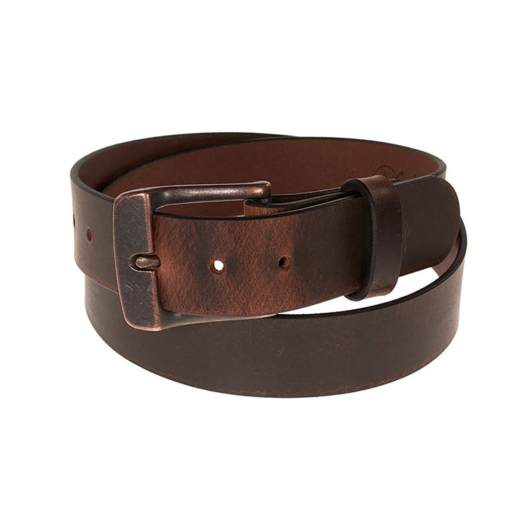 Brown leather belt with a buckle on a white background