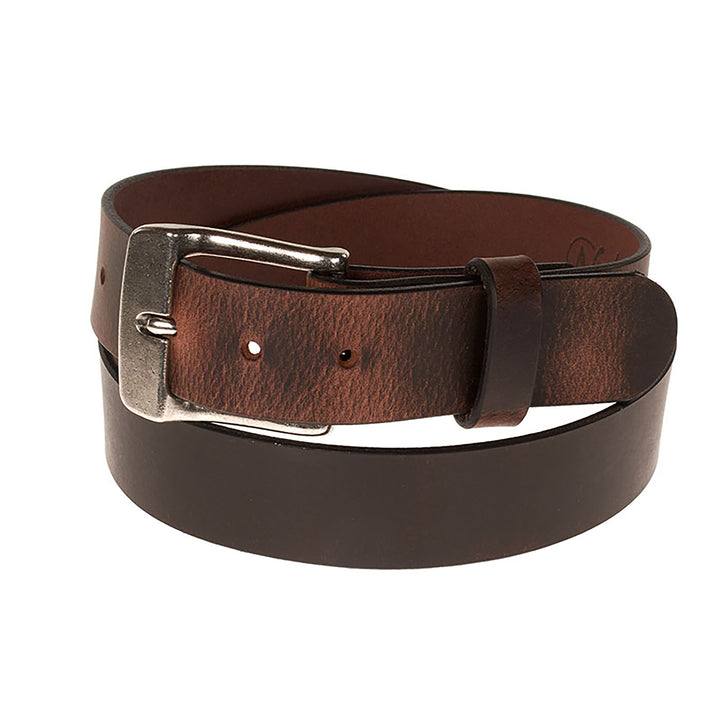 Brown leather belt with a silver buckle on a white background