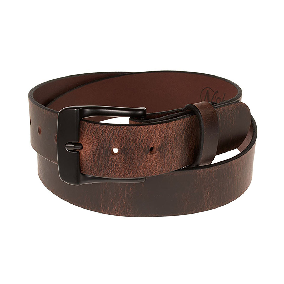 Brown leather belt with a black buckle on a white background