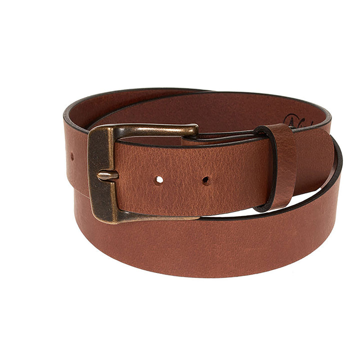 Brown leather belt with a brass buckle on a white background