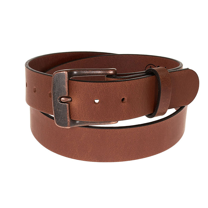 Brown leather belt with a metal buckle on a white background