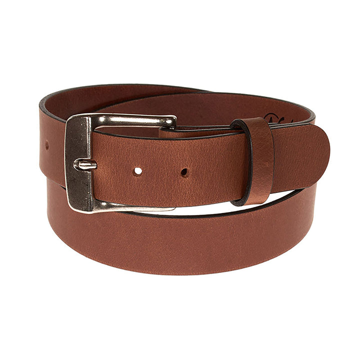 Brown leather belt with a silver buckle on a white background
